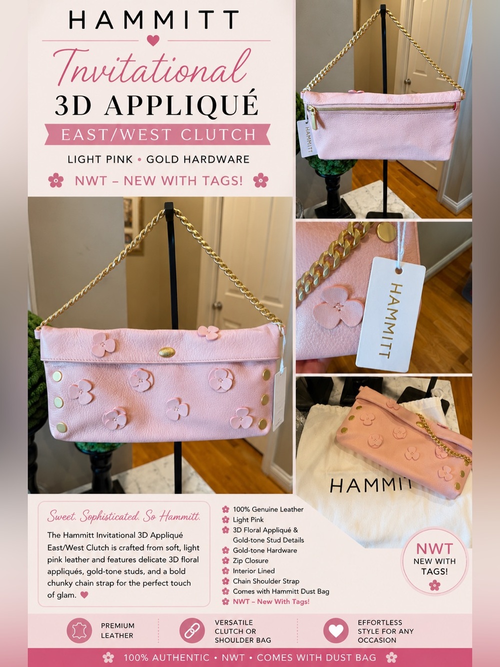Hammitt Invitational 3D Appliqué East/West Clutch - NWT light Pink